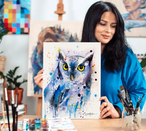 Screech owl watercolor painting, limited edition art print by Slaveika Aladjova