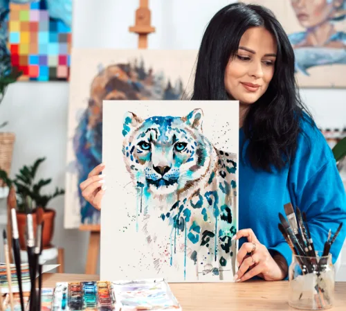 Snow leopard watercolor painting, limited edition art print by Slaveika Aladjova, view 2