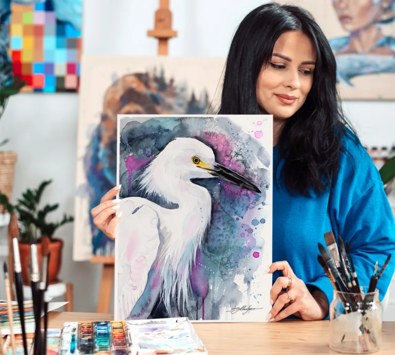 Snowy egret watercolor painting, limited edition art print by Slaveika Aladjova, view 3