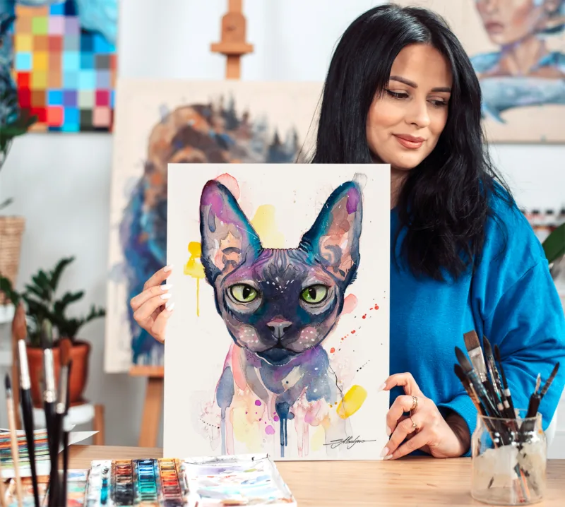 Sphynx cat watercolor painting, limited edition art print by Slaveika Aladjova, view 3