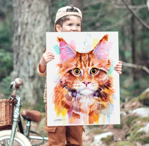 Maine Coon cat watercolor painting, limited edition art print by Slaveika Aladjova, view 2