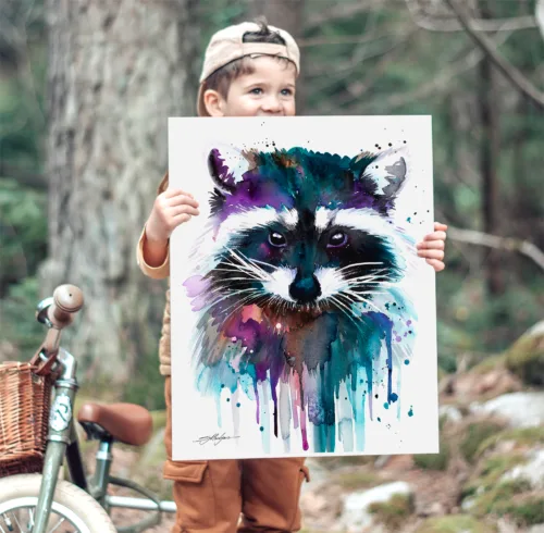 Raccoon watercolor painting with black mask and ringed tail, limited edition art print by Slaveika Aladjova, view 2