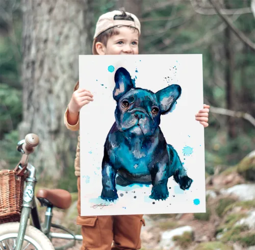 Black French bulldog puppy watercolor painting, limited edition art print by Slaveika Aladjova