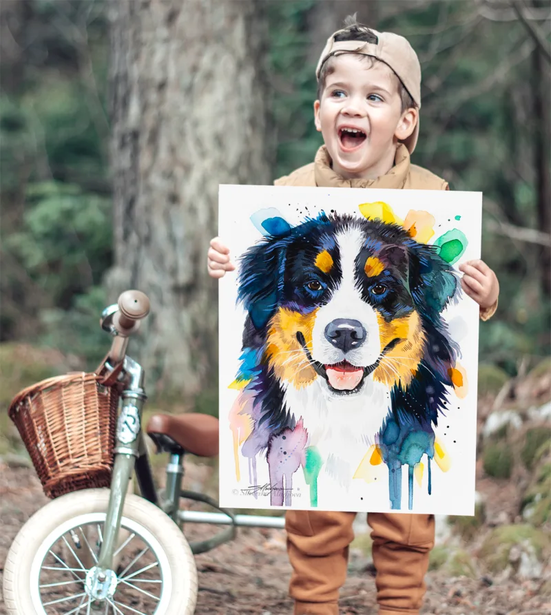 Bernese Mountain Dog watercolor painting, limited edition art print by Slaveika Aladjova, view 2