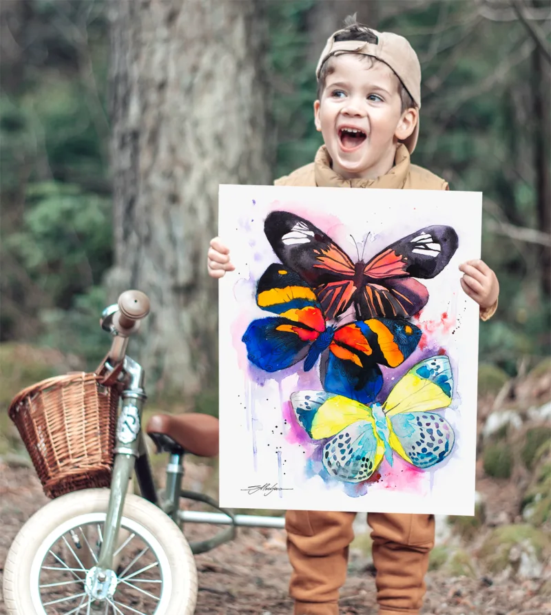Three colorful butterflies watercolor painting, limited edition art print by Slaveika Aladjova, view 4