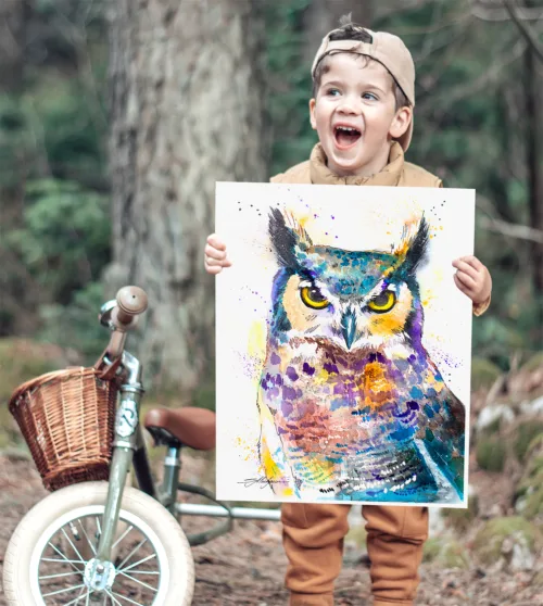 Great horned owl watercolor painting, limited edition art print by Slaveika Aladjova