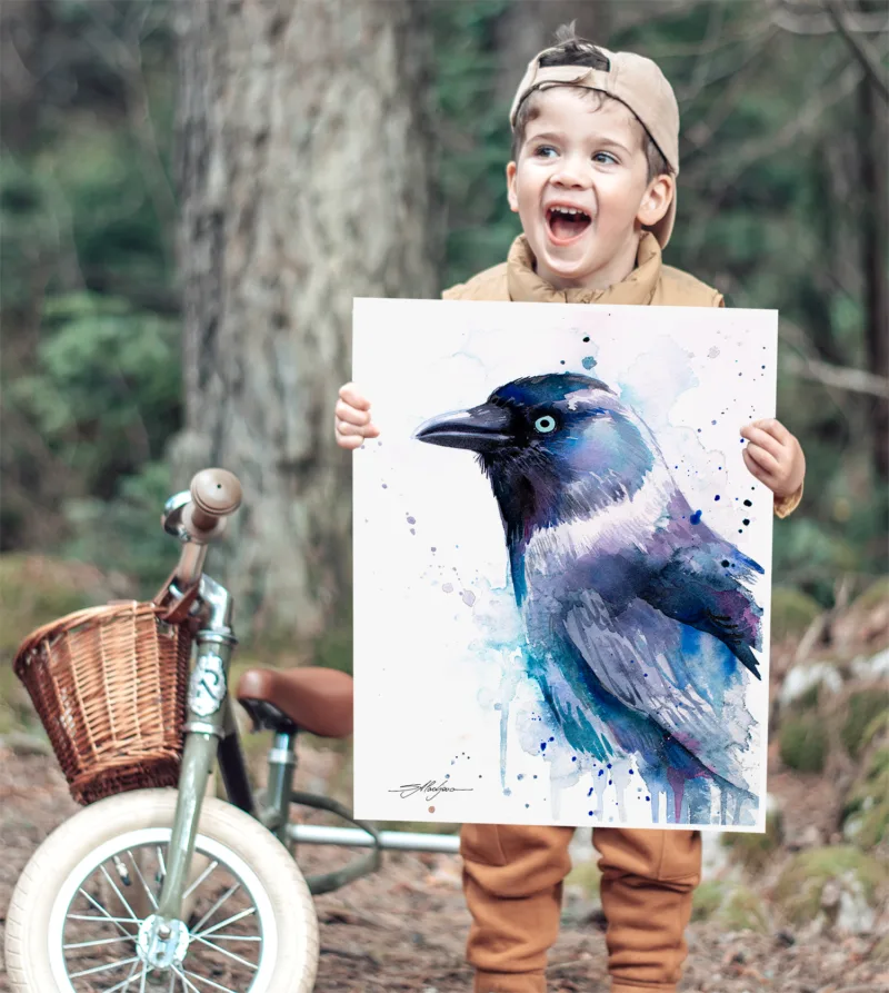 Jackdaw watercolor painting, limited edition art print by Slaveika Aladjova, view 4
