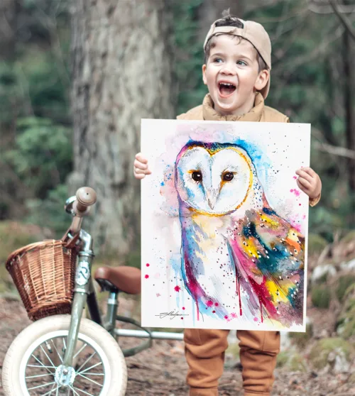 Barn owl watercolor painting, limited edition art print by Slaveika Aladjova, view 2
