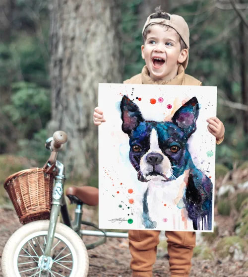 Boston Terrier watercolor painting, limited edition art print by Slaveika Aladjova, view 2