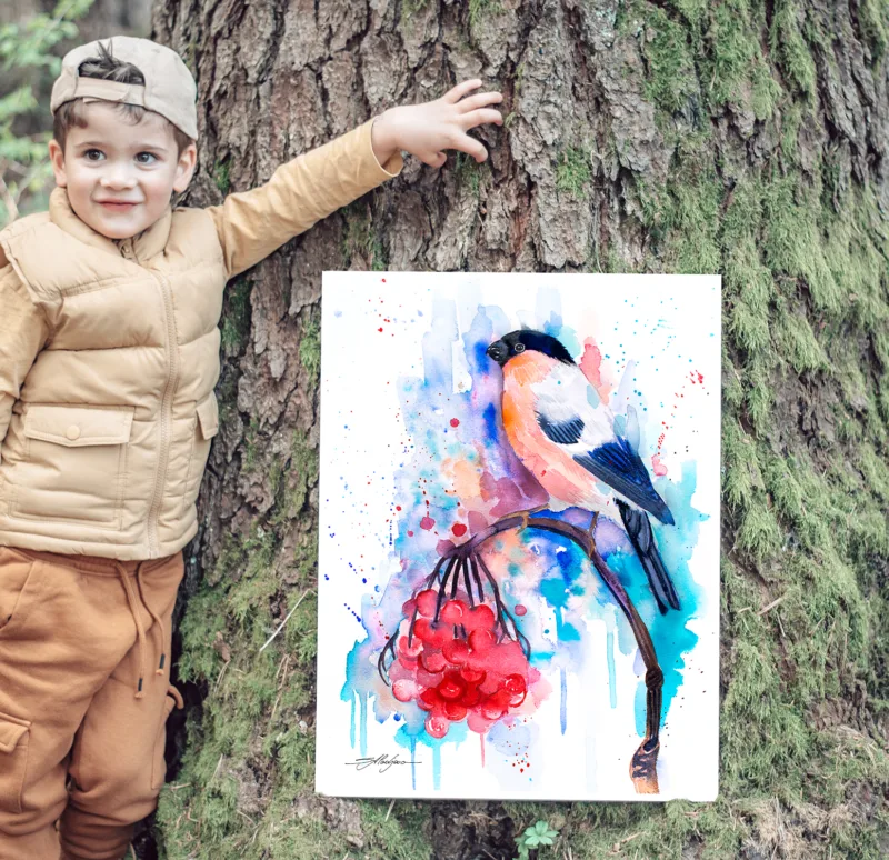 Bullfinch watercolor painting, limited edition art print by Slaveika Aladjova, view 3