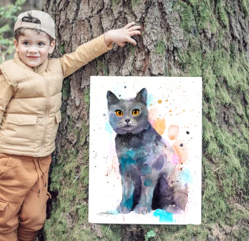 Chartreux cat watercolor painting, limited edition art print by Slaveika Aladjova, view 2