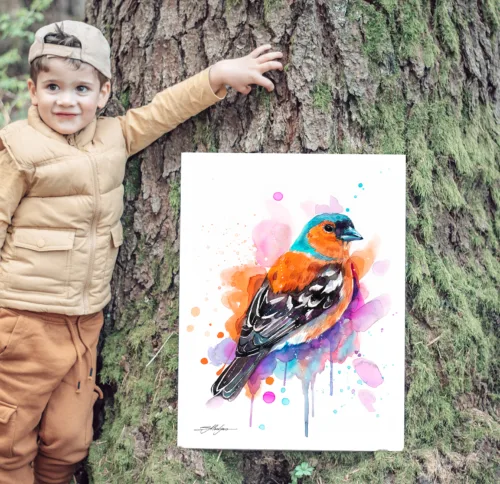 Chaffinch watercolor painting, limited edition art print by Slaveika Aladjova, view 2