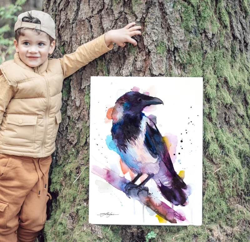 Hooded crow watercolor painting, limited edition art print by Slaveika Aladjova, view 2