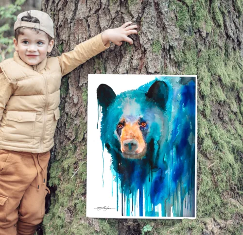 Blue American black bear watercolor painting, limited edition art print by Slaveika Aladjova, view 2