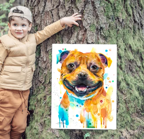 Staffordshire Bull Terrier, dog watercolor painting print by Slaveika Aladjova Staffordshire Bull Terrier watercolor painting, limited edition art print by Slaveika Aladjova