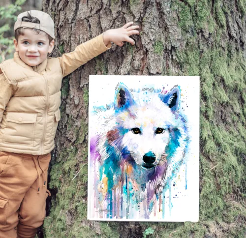 Arctic wolf watercolor painting, limited edition art print by Slaveika Aladjova, view 2