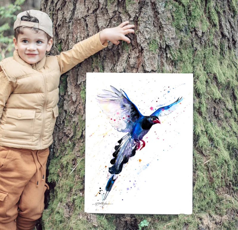 Taiwan blue magpie watercolor painting, limited edition art print by Slaveika Aladjova, view 3