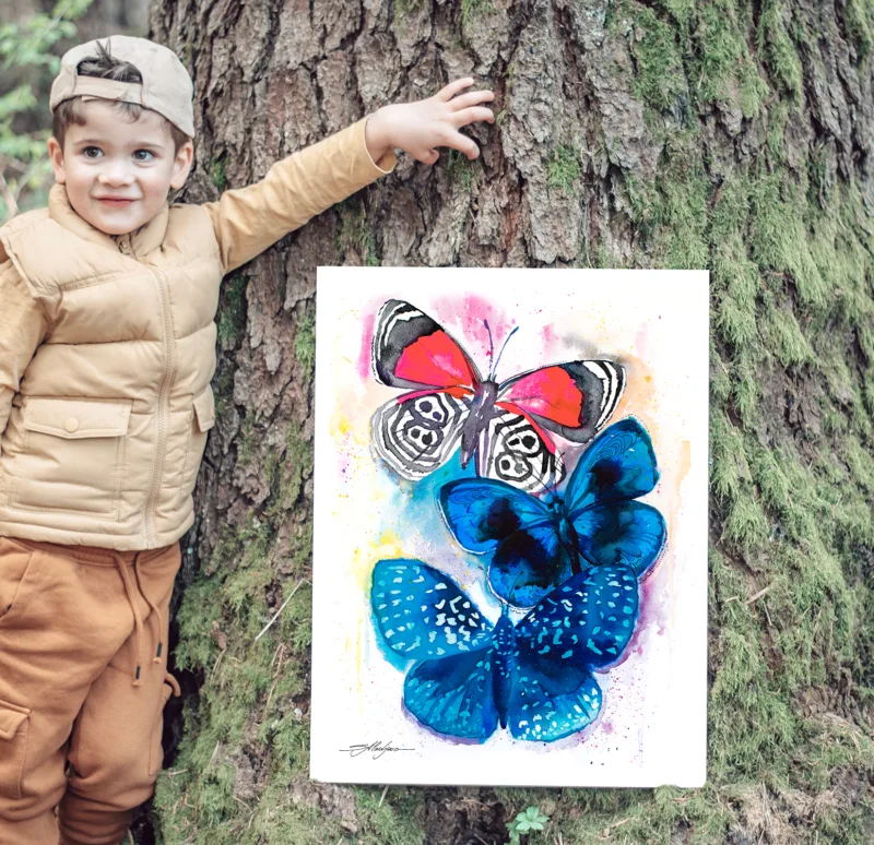 Blue and red butterflies watercolor painting, limited edition art print by Slaveika Aladjova, view 3