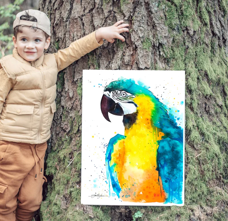 Blue and yellow macaw watercolor painting, limited edition art print by Slaveika Aladjova