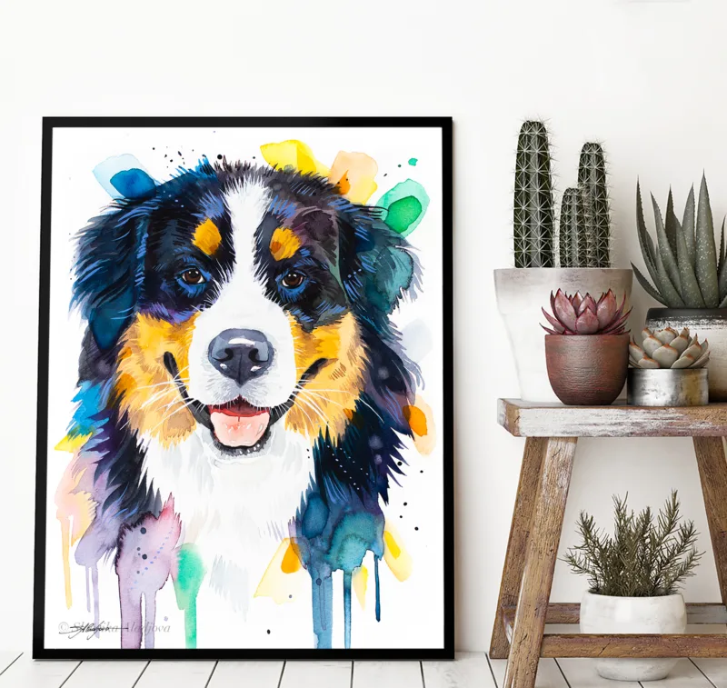 Bernese Mountain Dog watercolor painting, limited edition art print by Slaveika Aladjova, view 3