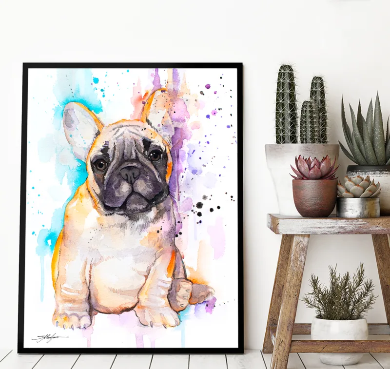 Fawn French bulldog puppy watercolor painting, limited edition art print by Slaveika Aladjova, view 3