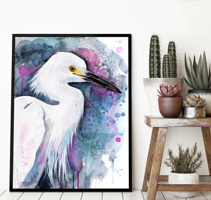 Snowy egret watercolor painting, limited edition art print by Slaveika Aladjova, view 4