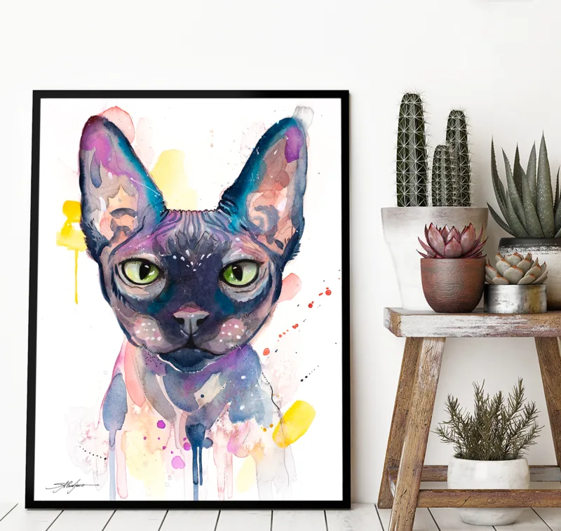 Sphynx cat watercolor painting, limited edition art print by Slaveika Aladjova, view 4