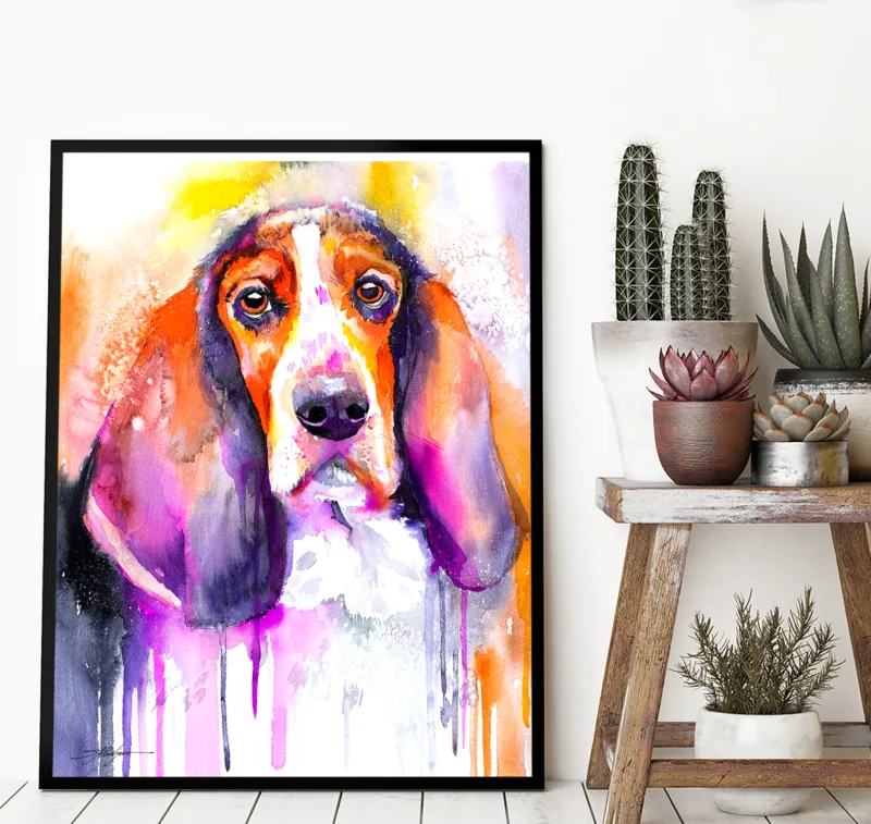 Basset Hound watercolor painting, limited edition art print by Slaveika Aladjova, view 2