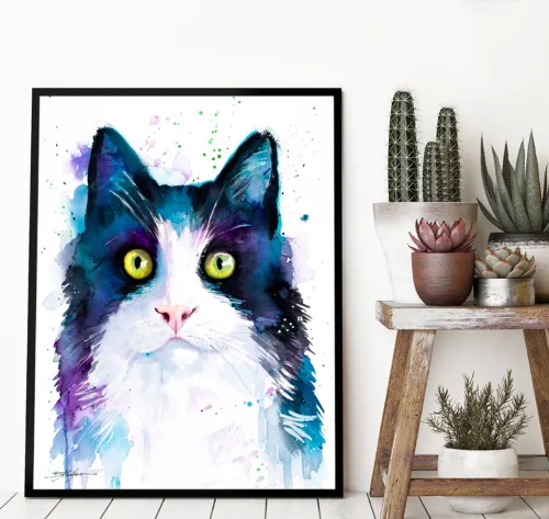 Black and white cat Black and white cat watercolor painting, limited edition art print by Slaveika Aladjova