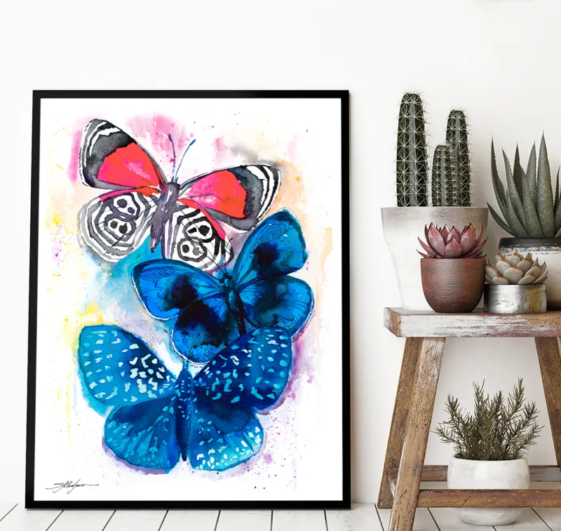 Blue and red butterflies watercolor painting, limited edition art print by Slaveika Aladjova