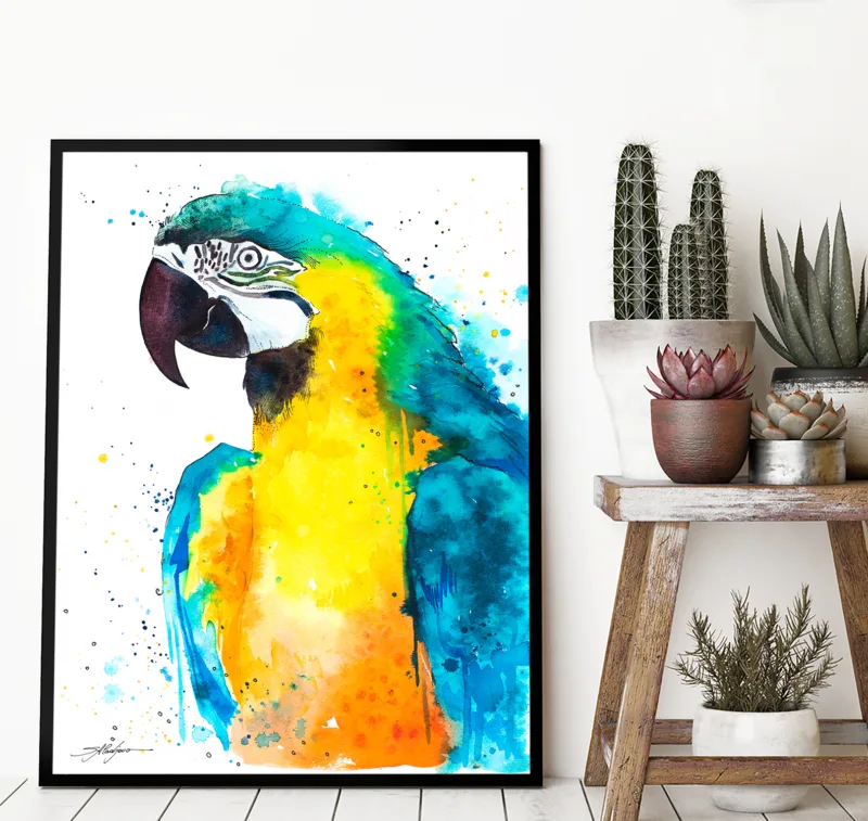 Blue and yellow macaw watercolor painting, limited edition art print by Slaveika Aladjova, view 3