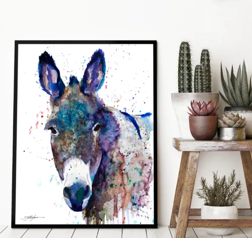 Blue donkey watercolor painting, limited edition art print by Slaveika Aladjova, view 2