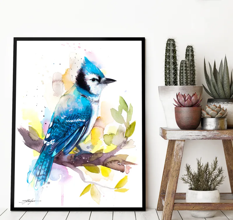 Blue jay watercolor painting, limited edition art print by Slaveika Aladjova, view 3