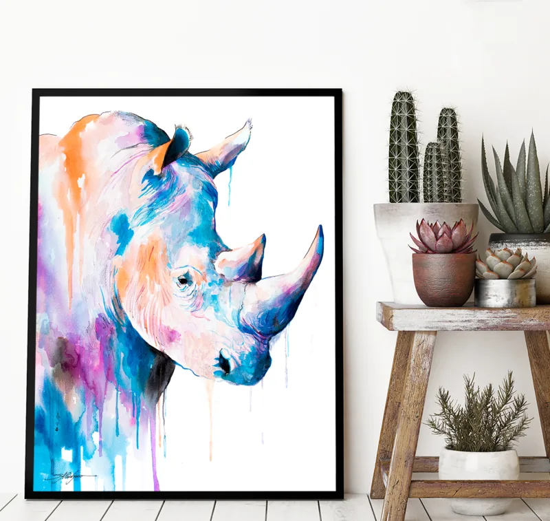 Blue rhino watercolor painting, limited edition art print by Slaveika Aladjova, view 4