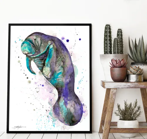 Blue manatee watercolor painting, limited edition art print by Slaveika Aladjova, view 2