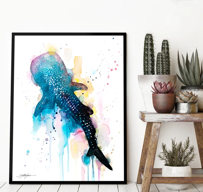 Whale shark from above, watercolor painting, limited edition art print by Slaveika Aladjova, view 2