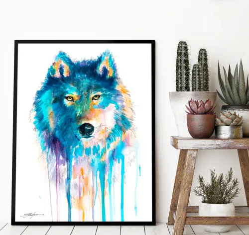 Blue wolf watercolor painting, limited edition art print by Slaveika Aladjova