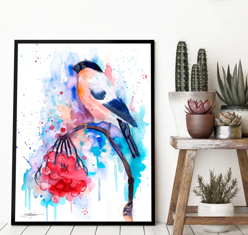 Bullfinch watercolor painting, limited edition art print by Slaveika Aladjova, view 4