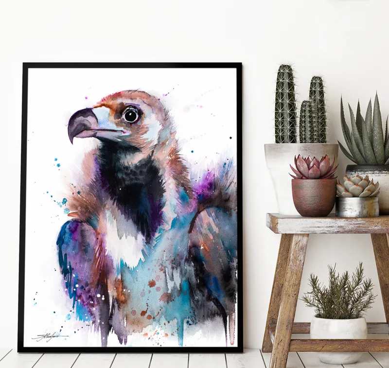 Cinereous vulture, Eurasian black vulture, watercolor painting, limited edition art print by Slaveika Aladjova, view 3
