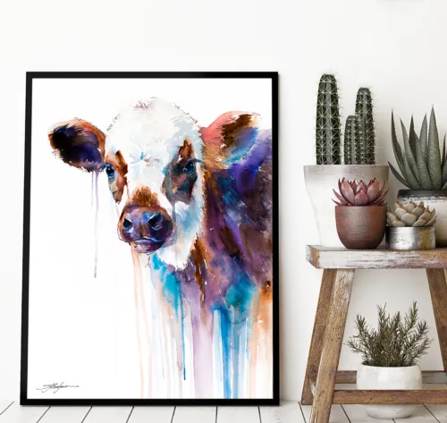 White-faced cow watercolor painting, limited edition art print by Slaveika Aladjova, view 2