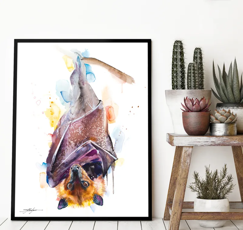 Golden-crowned flying fox fruit bat watercolor painting, limited edition art print by Slaveika Aladjova, view 3