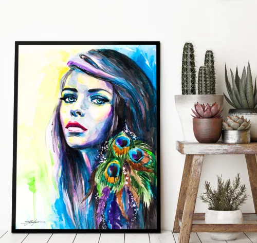 Girl with peacock feather earring, watercolor portrait, limited edition art print by Slaveika Aladjova