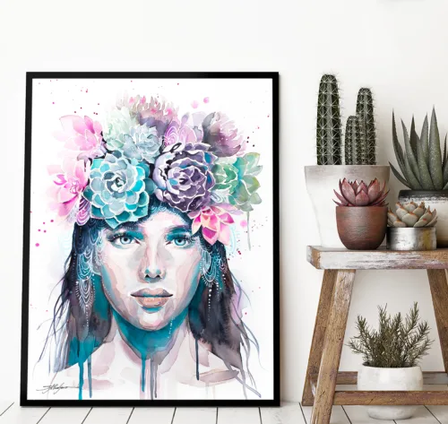 Girl with a crown of succulents, watercolor painting, limited edition art print by Slaveika Aladjova, view 2