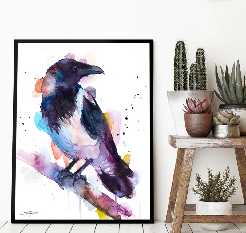 Hooded crow watercolor painting, limited edition art print by Slaveika Aladjova, view 3