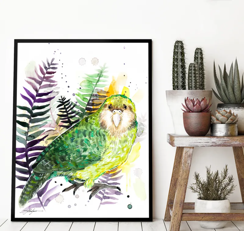 Kakapo watercolor painting, limited edition art print by Slaveika Aladjova, view 2