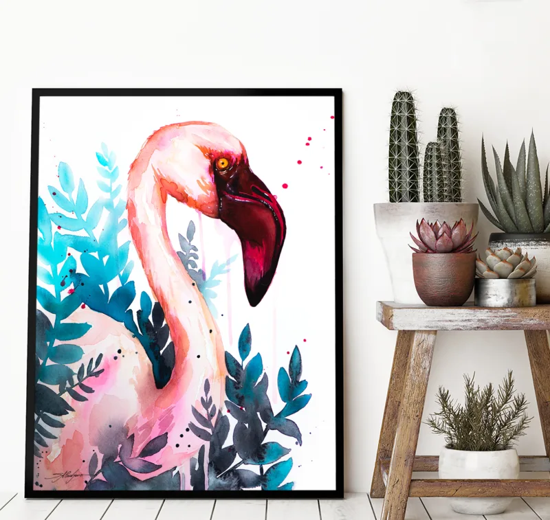 Lesser flamingo watercolor painting, limited edition art print by Slaveika Aladjova