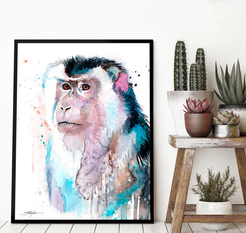 Macaque watercolor painting, limited edition art print by Slaveika Aladjova, view 4