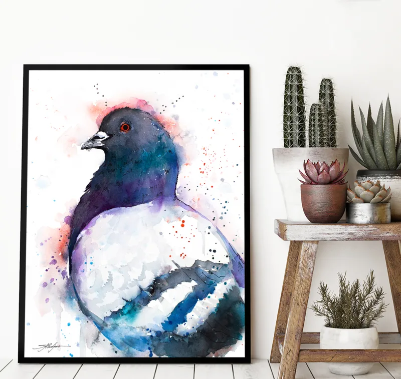 Pigeon watercolor painting, limited edition art print by Slaveika Aladjova, view 4