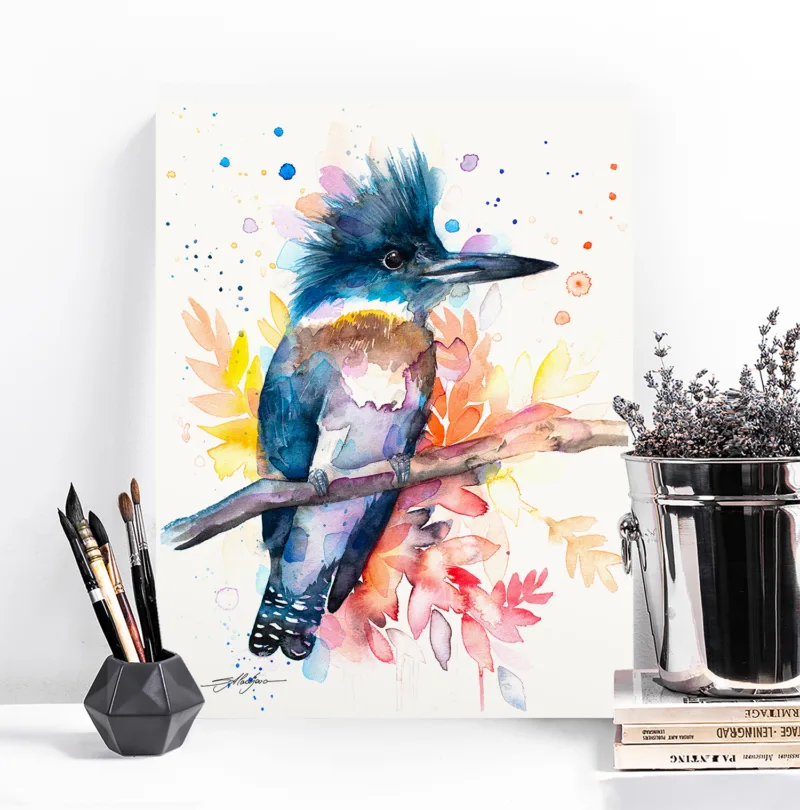 Belted kingfisher watercolor painting, limited edition art print by Slaveika Aladjova, view 3