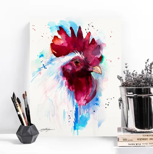 White rooster watercolor painting, limited edition art print by Slaveika Aladjova